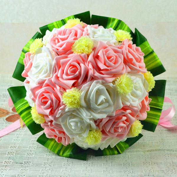 

Bride Holding Flowers Pink Rose Green Leaves Wedding Bouquet Decor